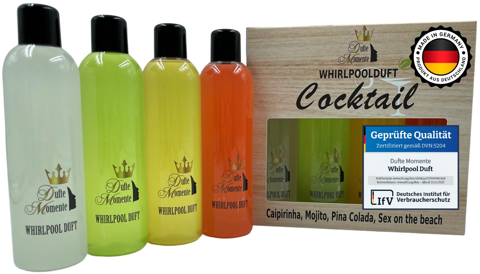 Dufte Momente | Whirlpool Duft 4 x 250ml - Caipirinha, Mojito, Pina Colada, Sex on the Beach | Badezusatz | mit naturreinen und natürlichen ätherischen Ölen | kein Schaum | vegan und ohne Tierversuche