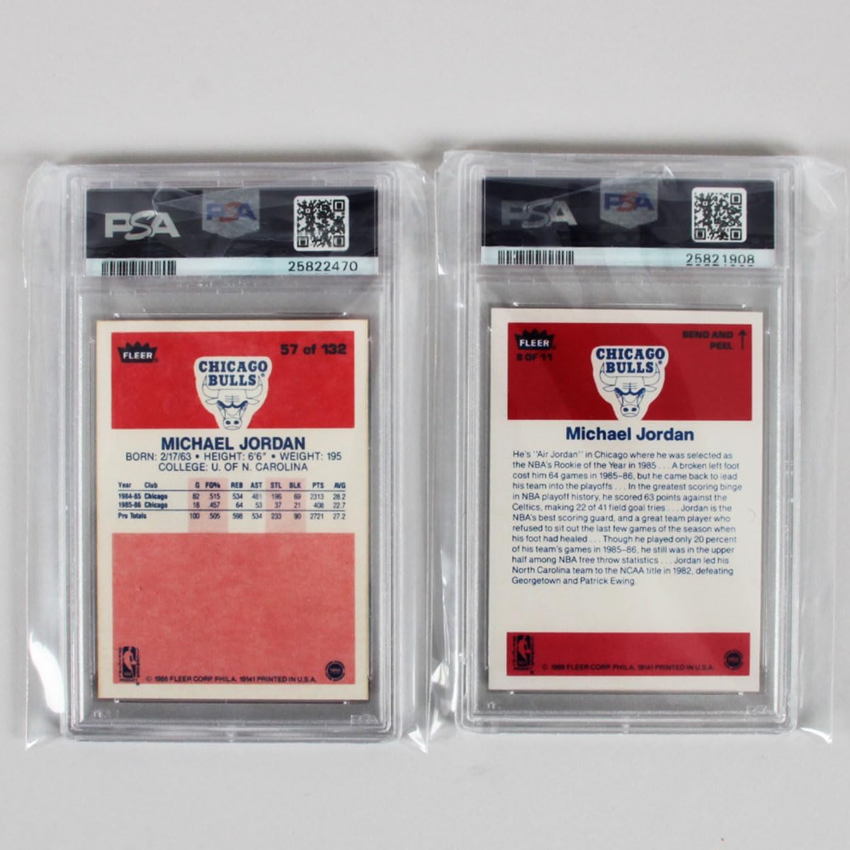 1986-87 Fleer Basketball Card Set Complete - Jordan #57 RC PSA NM MT 8 & Jordan Sticker #8 PSA MINT 9 (ST)