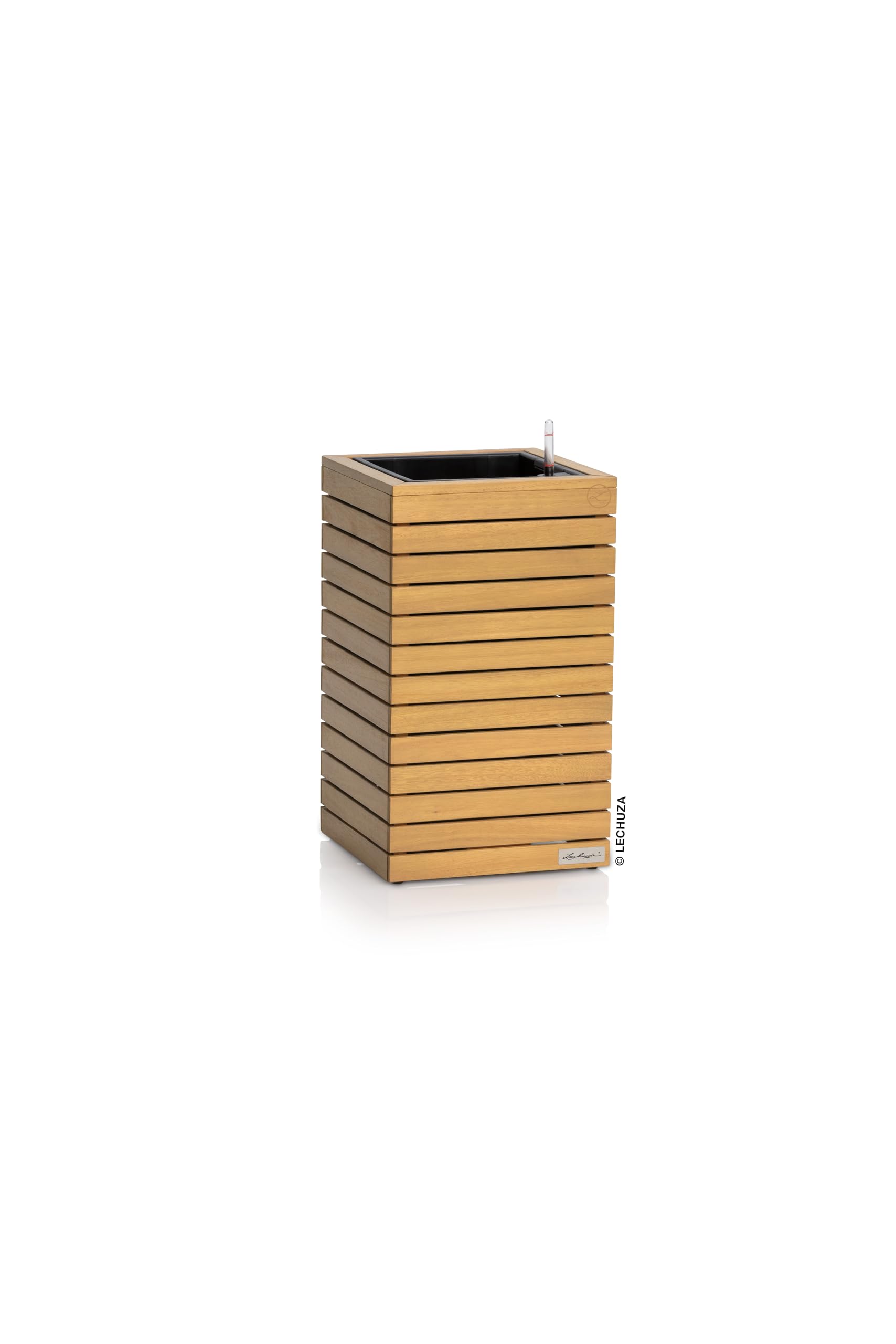 Lechuza - Vaso per piante Palo Natural Wood 35 alto, in legno di eucalipto, con sistema di irrigazione, indicatore del livello dell'acqua e inserto per piante, superficie in vero legno, 34,5 x 34,5 x