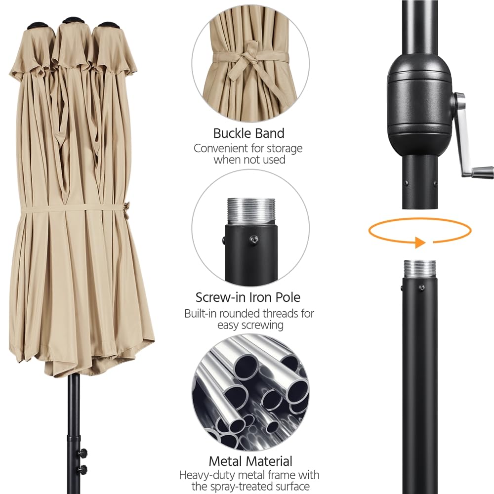 Yaheetech Parasol de Jardin Double Extérieur avec Base et Manivelle Sac de Rangement Parasol Triple Tête Terrasse Jardin Bord de la Mer Bistro