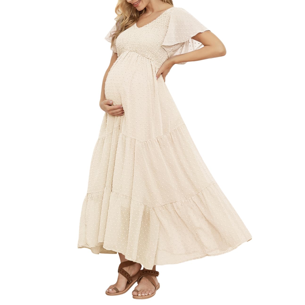 Photo 1 of Swiss Dot Smocked Maternity Dress for Photoshoot, Flowy V Neck Ruffle Sleeve Empire Waist Tiered Maternity Dress Baby Shower Ivory