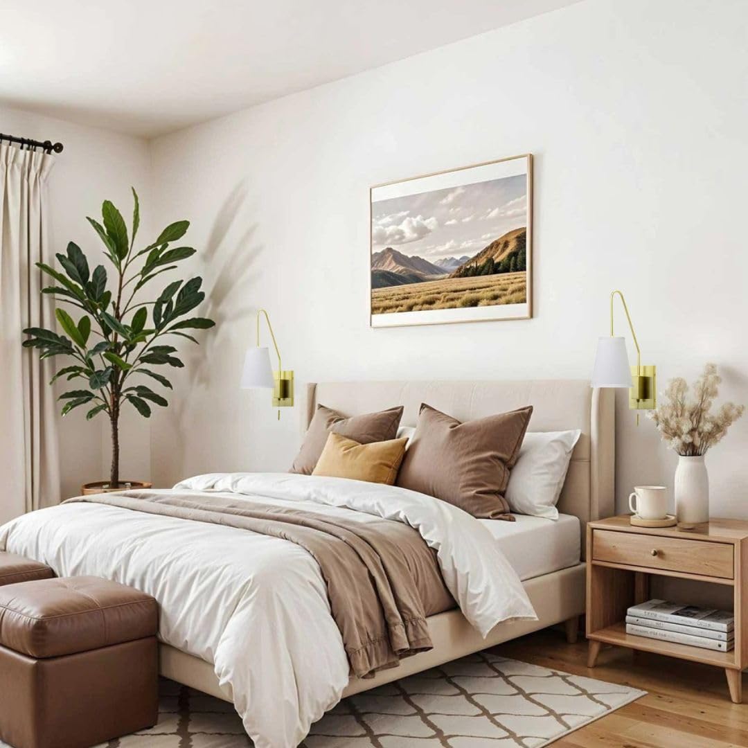 Wall Sconce with Pull Chain Switch, Bedside Wall Mounted Reading Lamps with Adjustable Sloped Arm and Fabric Linen Shade, Hardwired (Brushed Gold)