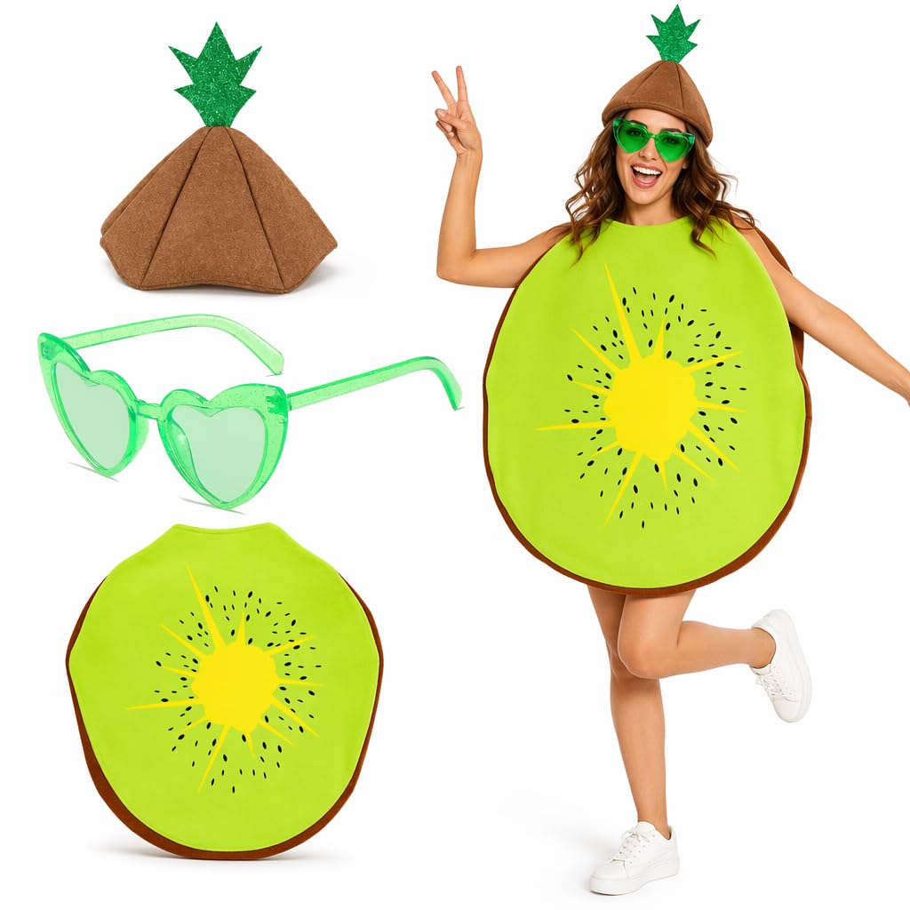 WNXBFO 3pcs Kiwi Fancy Dress Costume, Fruit Theme Party Outfit with Hat and Glasses