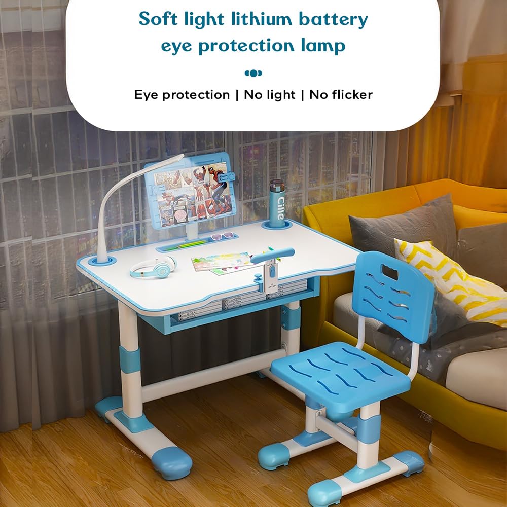 StarAndDaisy Kids Functional Desk Chair Set 3-12years Boys Girls/Kids Study Table with Height Adjustable/Study Table with Bookholder, LED Lamp, Storage Box (K80-Blue) 3