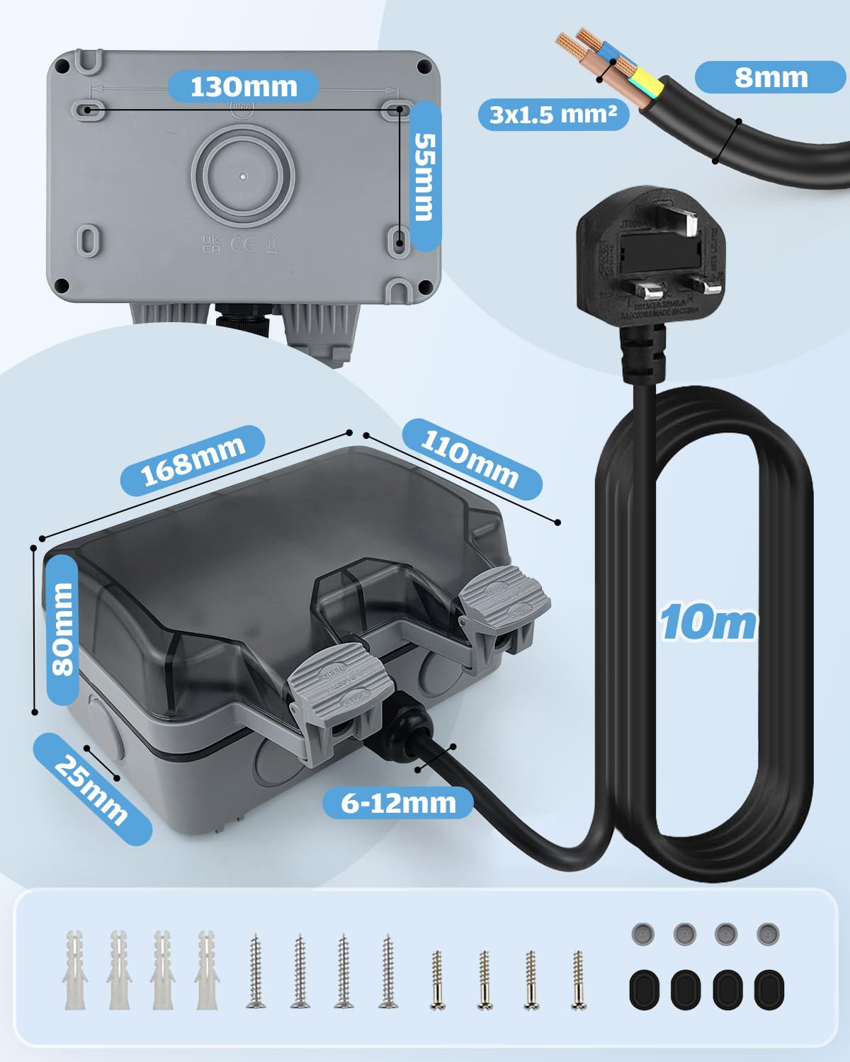 Outdoor Socket Waterproof, 10m Outdoor Plug Sockets, IP66 Waterproof Outside Sockets, Double Socket 10M Extension Lead - Image 4