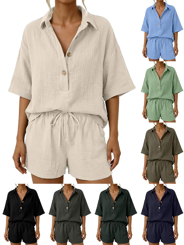 Conjunto Verano Mujer Dos Piezas Camiseta Manga Corta Cuello V + Pantalones Cortos Anchos Cintura Alta Elasticidad Chándale Informal Conjuntos de Playa Casa