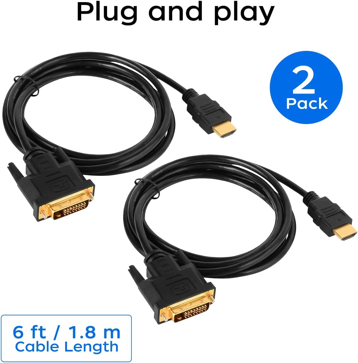 HDMI A to DVI Adapter Cable 6ft, 2 Pack Bi-Directional 1080P HDMI to DVI-D Cable Male to Male, High-Speed Gold-Plated for Raspberry Pi, Roku, X-Box One, PS3/4/5, Graphics Card