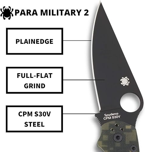 Miniatura 3 de Spyderco Para Military 2 Signature - Cuchillo de camuflaje con hoja de acero negro CPM S30V de 3.42 pulgadas y mango G-10 duradero, borde liso,
