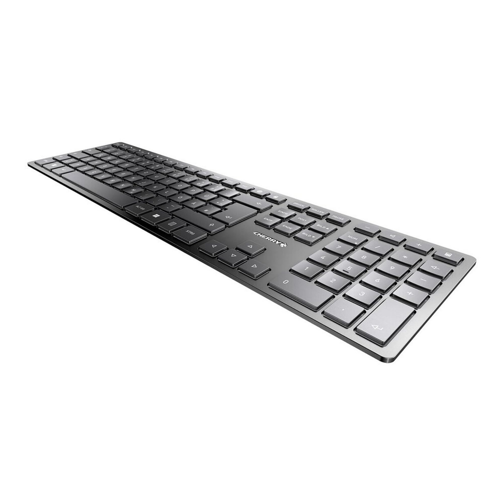 CHERRY KW 9100 SLIM, Tastiera Senza Fili, Layout Portoghese (QWERTY), Bluetooth o 2,4 GHz a Scelta, Tasti Piatti, Ricaricabile, Nero-Grigio
