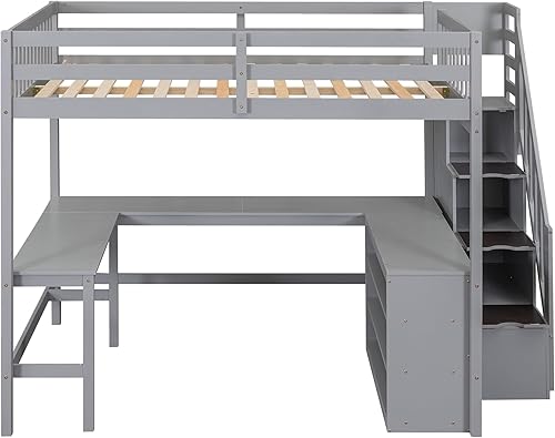 Miniatura 251 de Cama alta funcional tamaño individual con 2 cajones y 2 armarios, base de cama de madera maciza con barandilla de seguridad y escalera de