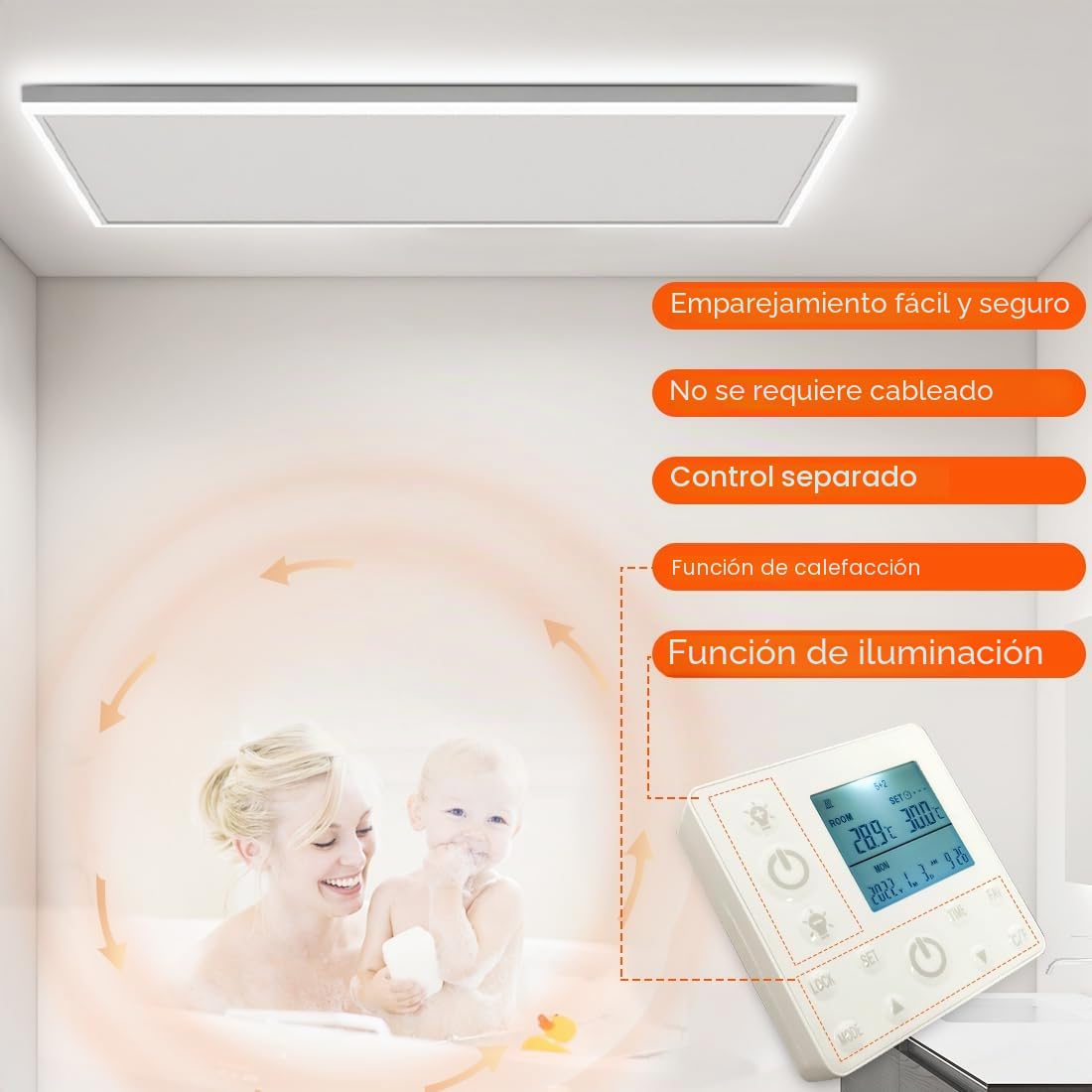 Calefacción por infrarrojos con termostato, calefacción de techo de 700 W, iluminación LED, luz blanca fría/cálida, brillo ajustable, calefacción por infrarrojos