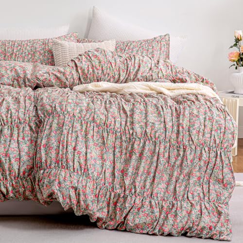Herside Floral Duvet Cover King Size 100% Cotton Pink Green