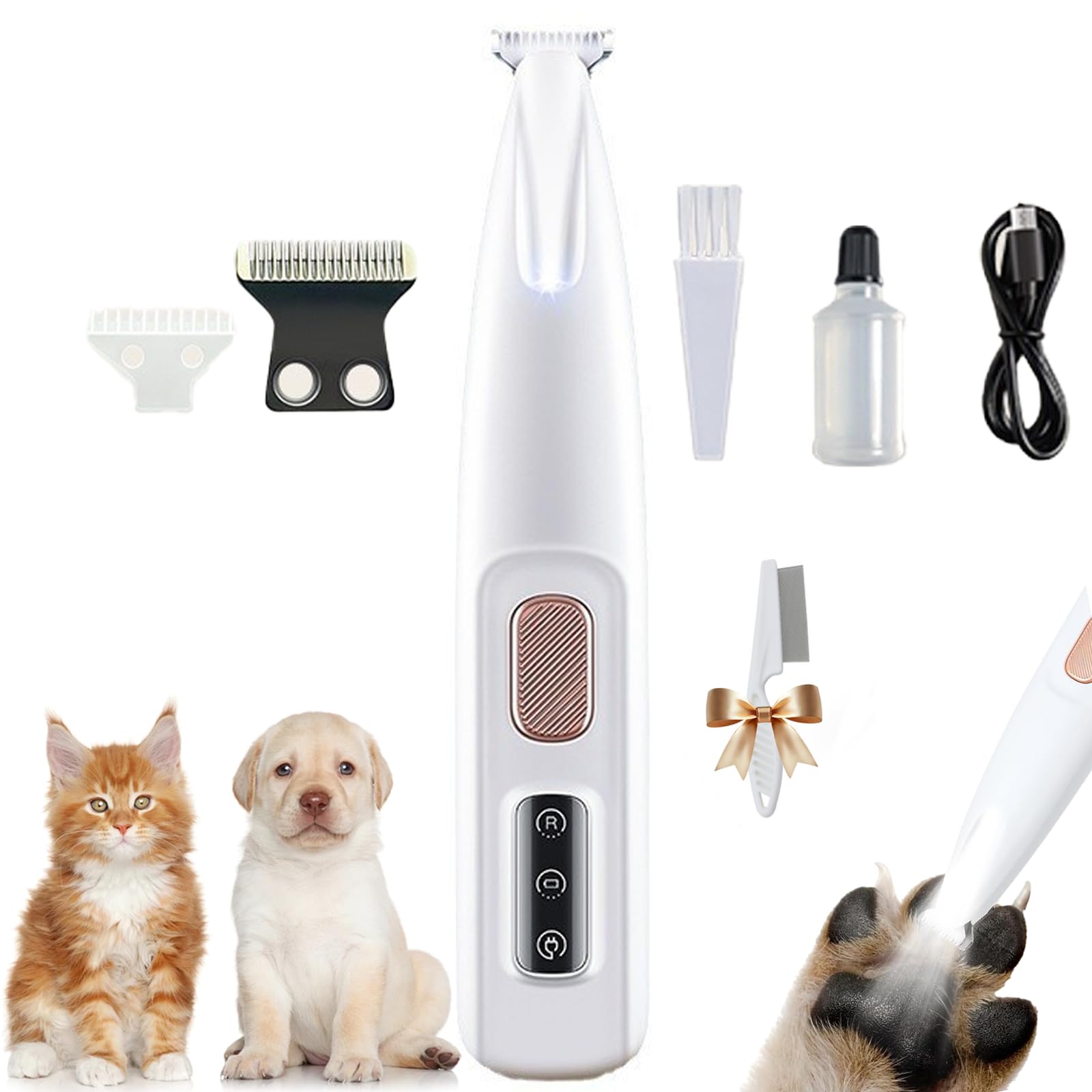 Patounet Tondeuse de Précision pour Chat, Tondeuse Patounet Chat, Tondeuse Chien Silencieuse avec des Lumières LED, Étanche IPX4, pour Pattes, Yeux, Oreilles, Visage et les Fesses (1 article)