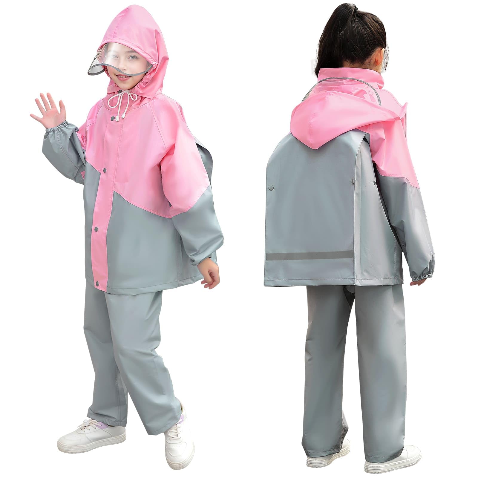 JinBei Kinder Regenanzug Mädchen Jungen Regenkleidung Leicht Zweiteiliger Anzug Unisex Wasserdicht Winddicht Regenjacke und Regenhose Transparenter Krempe Regenset mit Reflektor 8-14 Jahre
