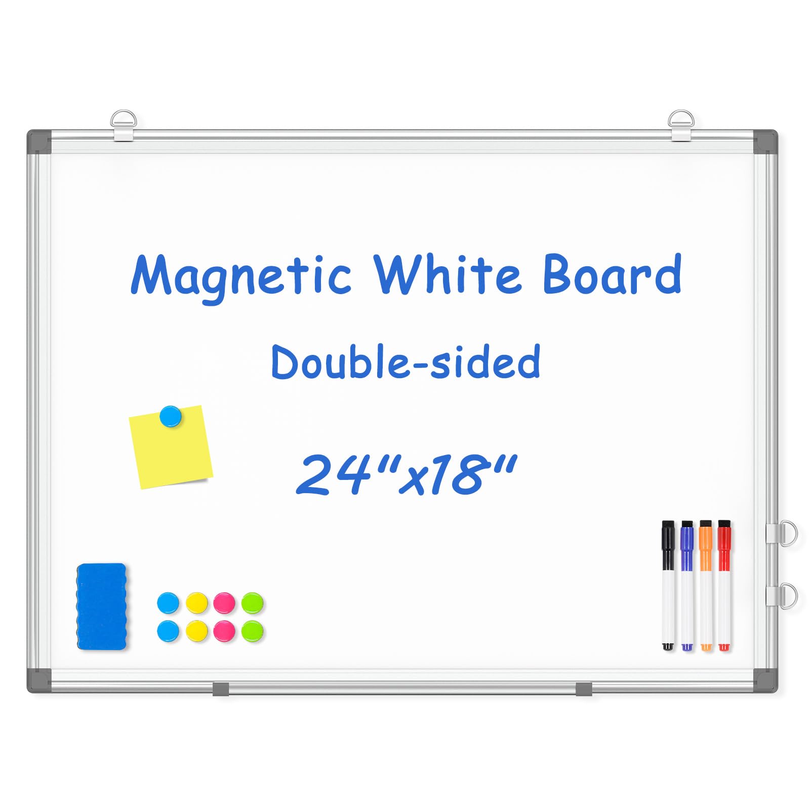 WALGLASS Double-Sided White Board, 24" x 18" Dry Erase Board Magnetic Whiteboard for Wall, Hanging Mounted Whiteboard Silver Aluminium Frame for Home, School, Office, Kitchen