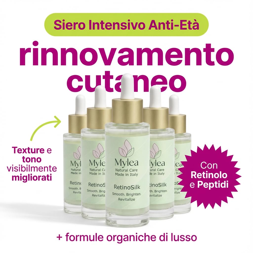 Mylea RetinoSilk | Siero Viso 30ml, no parabeni | Retinolo, Niacinamide, Vitamina C ed E | Texture leggera, assorbimento rapido | Ideale per rughe, pori dilatati, antiage | Made in Italy
