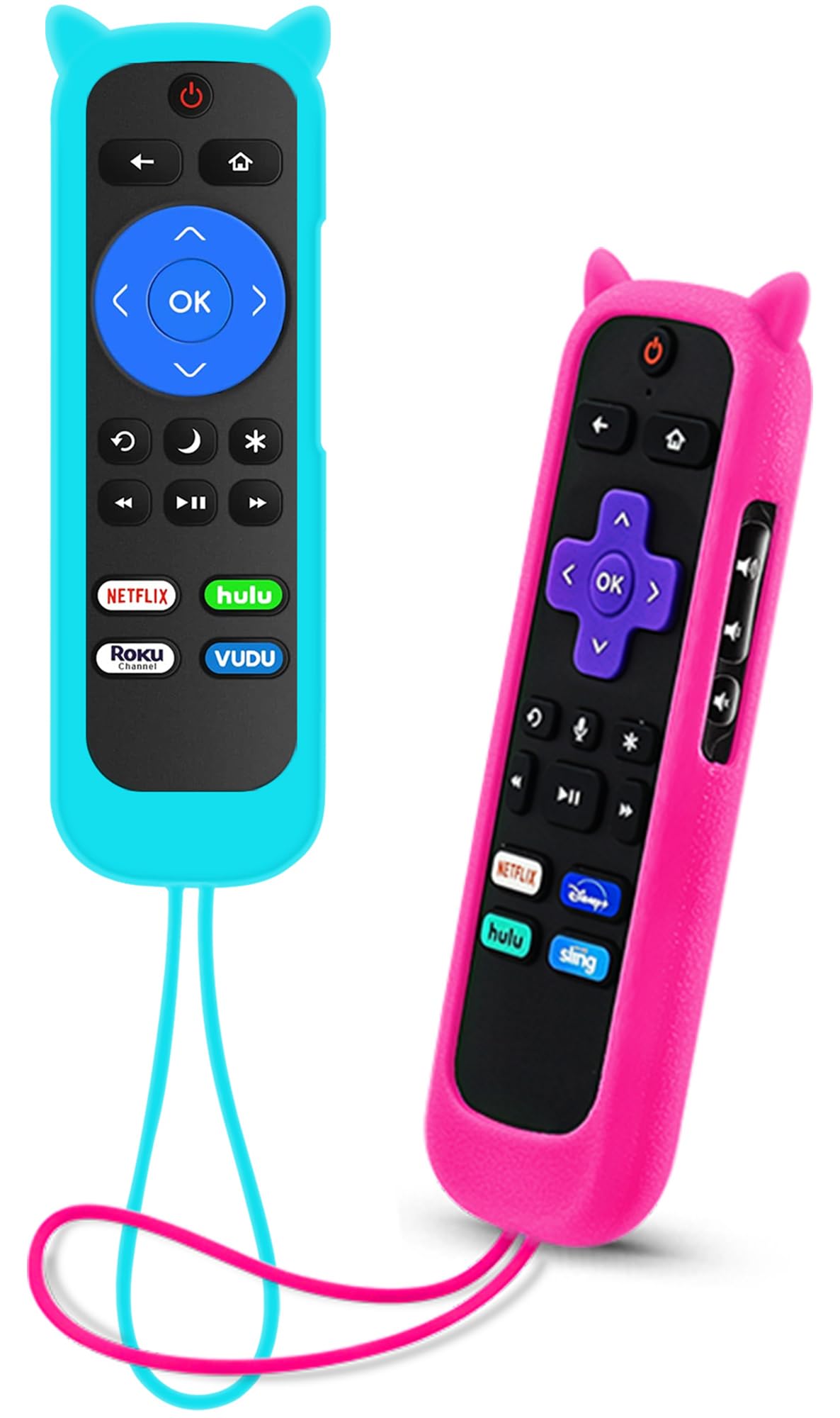 2Pack ONEBOM Cover for Roku Remote with Cat Ears Design, Silicone Skin Case Compatible with Hisense/TCL Roku TV, Universal Replacement Controller. Glow in the Dark,Rose Red&Sky Blue 2 Pack Rose Red&Sky Blue