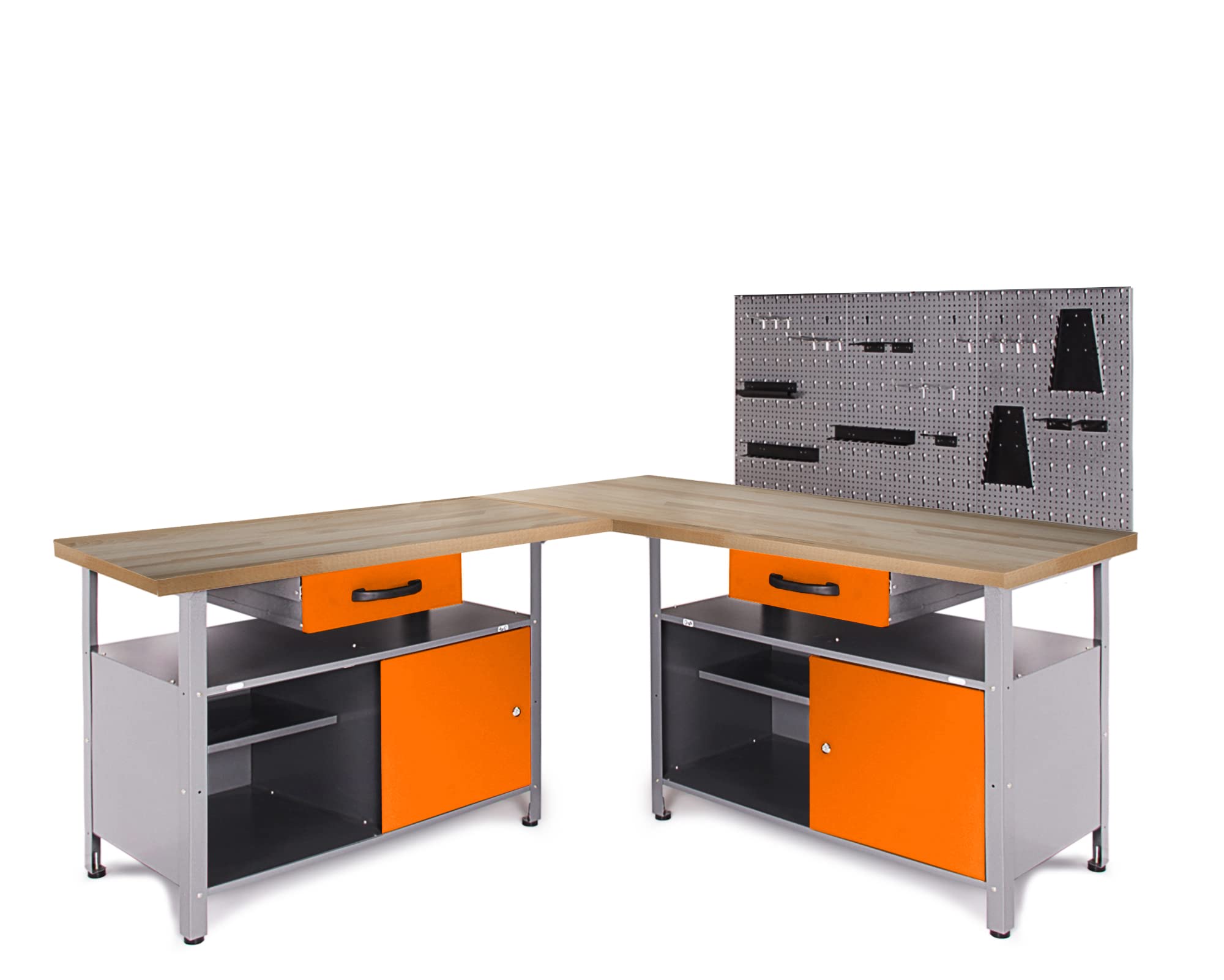Ondis24 Werkstatt Set Ecklösung One, Werkbank, 120 + 60 cm Buchenholzarbeitsplatte, Werkzeugwand Lochwand, Haken Set, Metall (Arbeitshöhe 85cm, orange)
