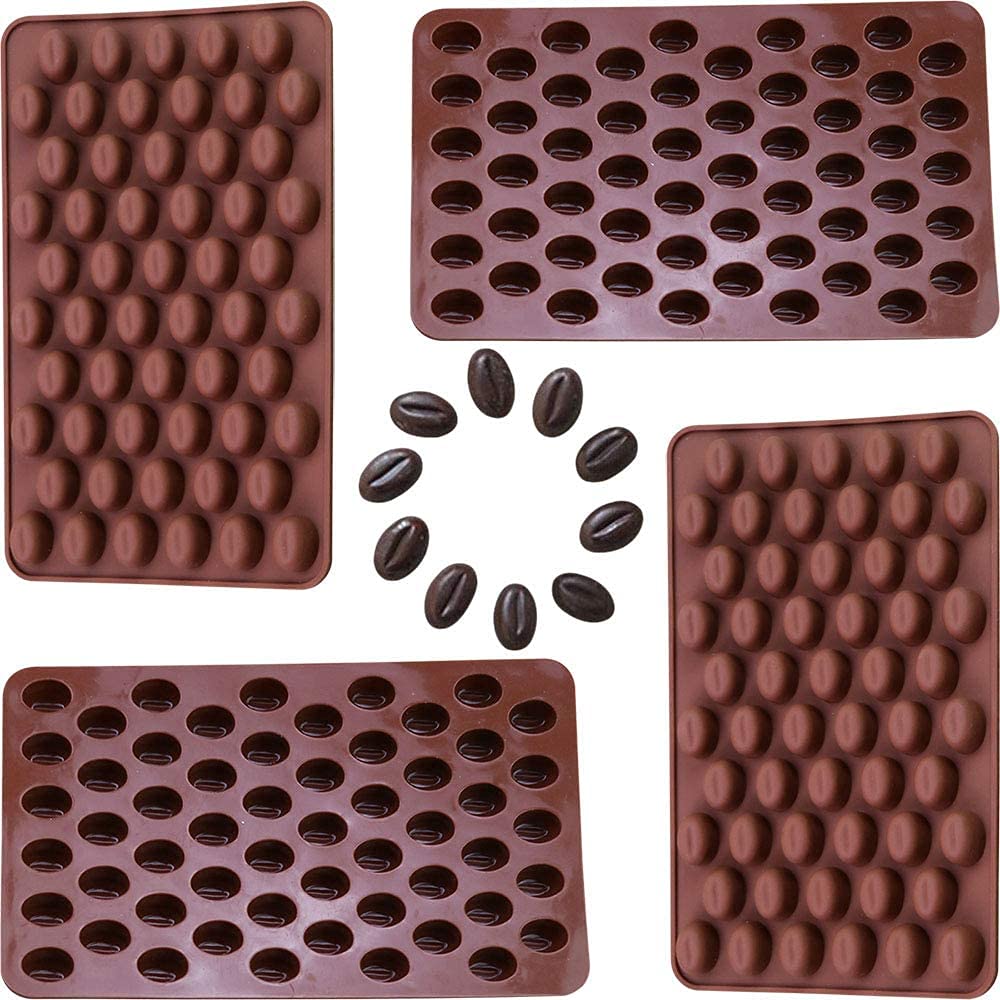 QTMY 4 Pack 55 Mini Coffee Beans Mold Silicone for Chocolate Candy Ice Cube Jelly Pill Making Dog Treat Bakeware Baking Cake Decoration Food-Grade Silicone