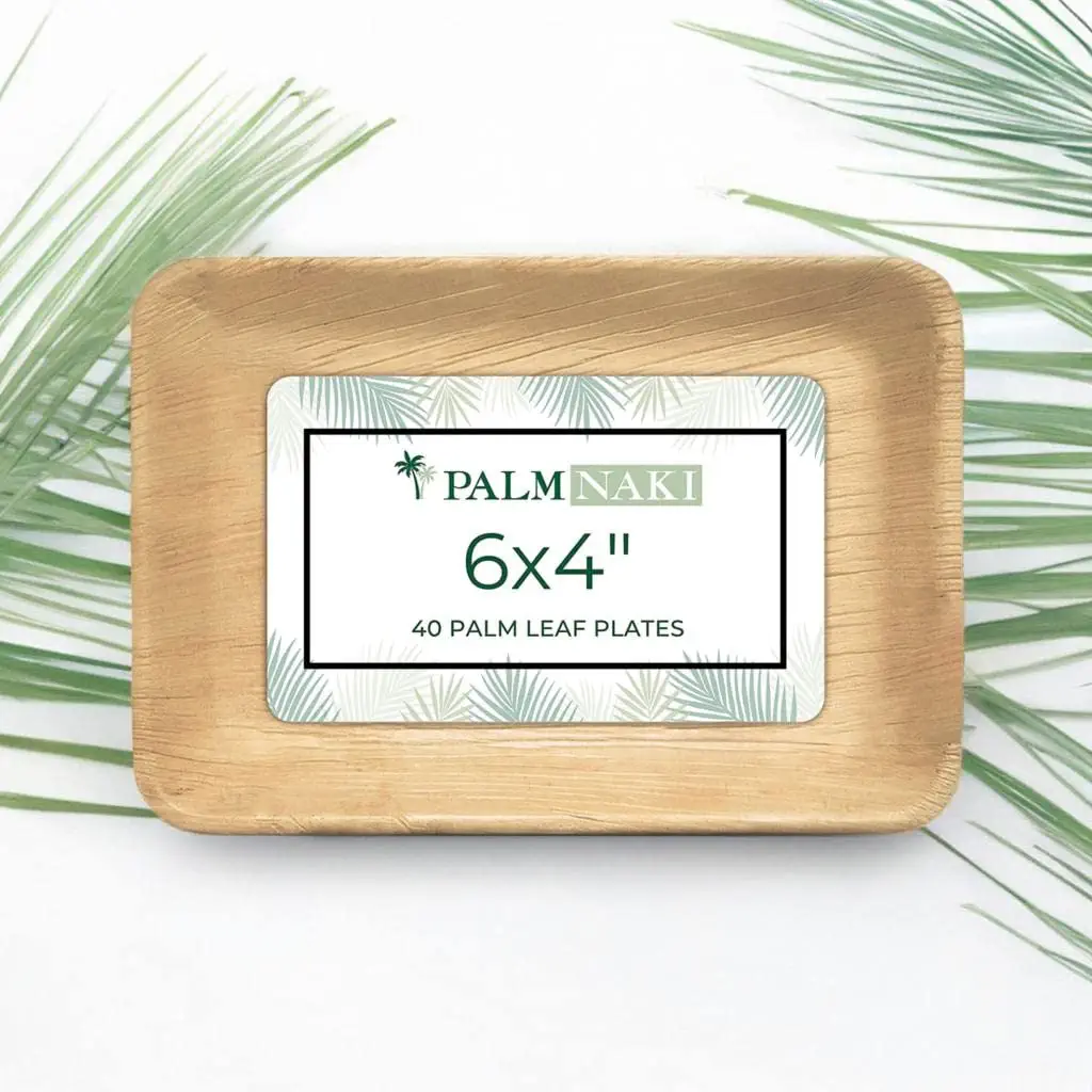 Palm Naki Rectangle Palm Leaf Plates (40 Count) - Disposable Dinnerware, Eco-Friendly, Bamboo-like Compostable and Biodegradable Plates (Beige, 6&#34; x 4&#34; Rectangle Plates)