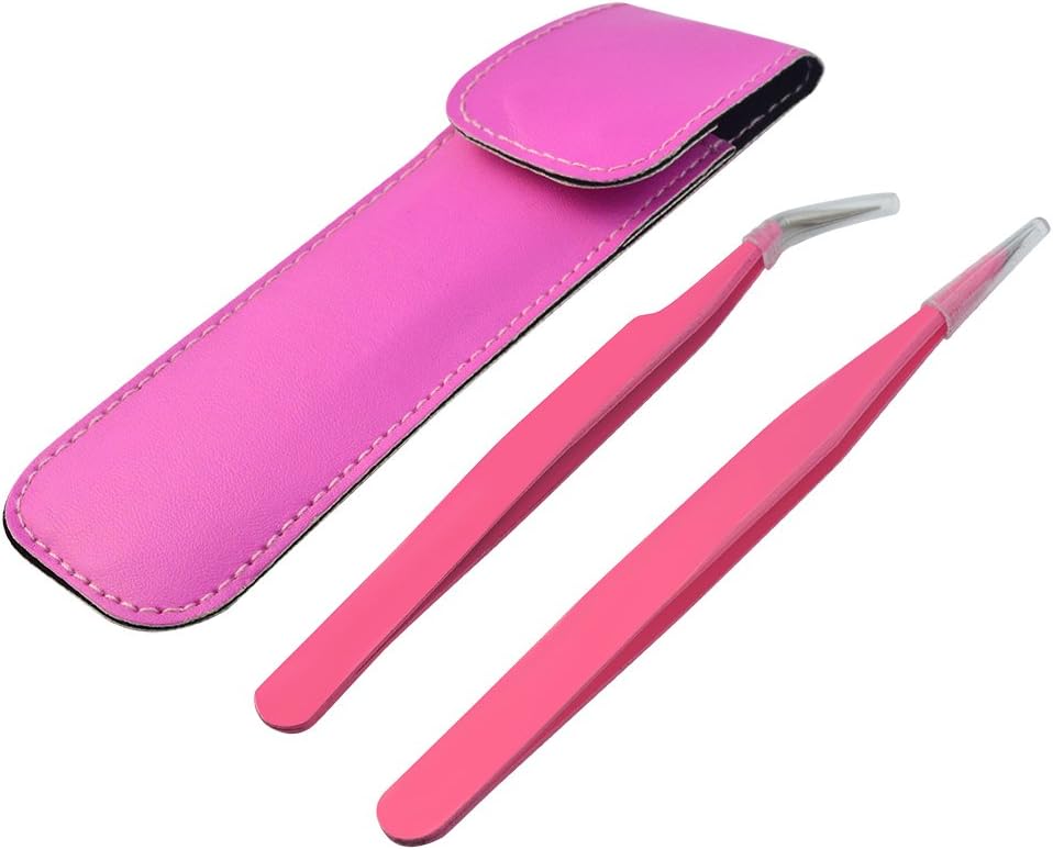 Eyelash Extension Tweezers,obmwang 2Pcs Set Pink Straight & Curved Tip Tweezers Stainless Steel Tweezers with Leather Case False Lash Application Tools for False Eyelashes,Jewelry-making, Nail Art