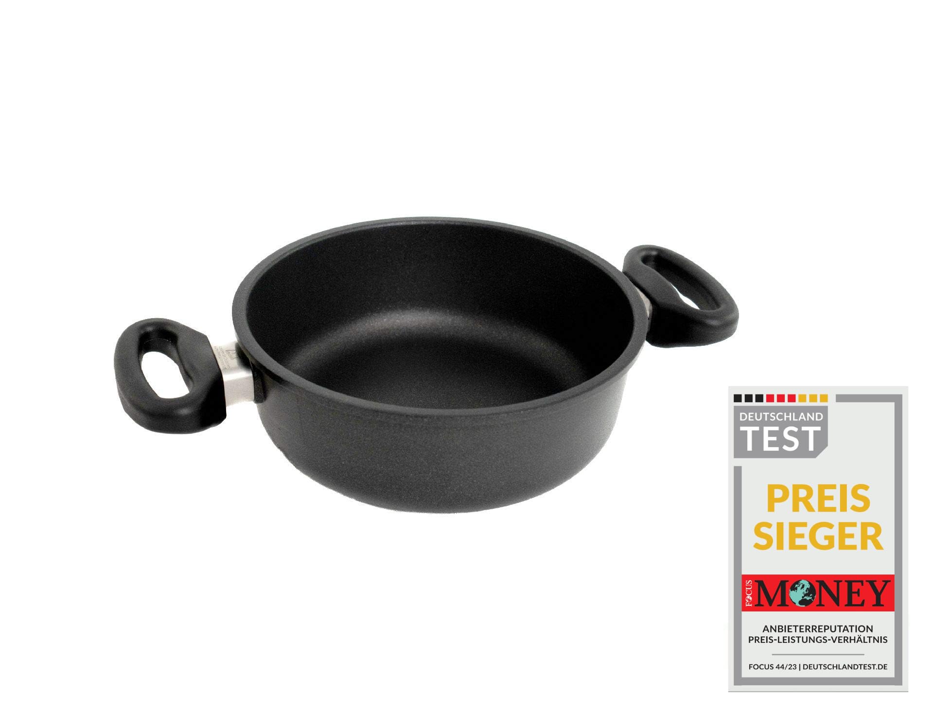 AMT Gastroguss Schmortopf, Ø 20 cm, 8 cm hoch, Bratpfanne mit zwei Seitengriffen, nicht induktionstauglich, backofenfest, Lotan® Antihaft-Veredelung, Aluguss (Aluminium), AMZN-820