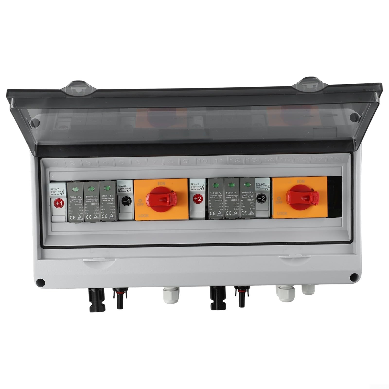 IP65 impermeable Solar PV Combiner Box 1000V 2 String 2 In 2 Out para sistemas fotovoltaicos residenciales en la azotea, equipado con componentes confiables de CC, protección contra sobretensión y