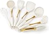 Set de 7 utensilios de cocina de silicona color blanco y dorado | Con mangos resistentes al calor, incluye espátulas, cucharas, pinzas y batidor para ollas antiadherentes 1