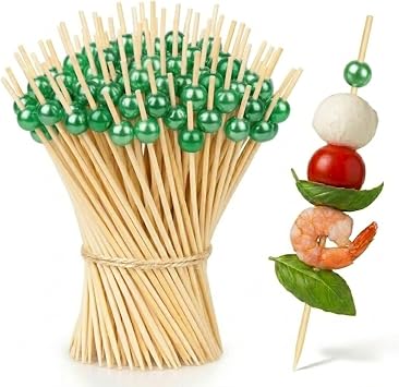 100 Count 4.7 Inch Bamboo Cocktail Picks with Green Pearl, Fancy Toothpicks for Appetizers, Charcuterie Board Accessories, Skewers for Drinks & Party Garnish, Smooth