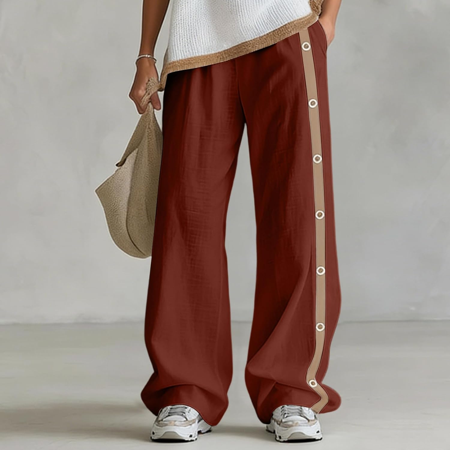 Womens Wide Leg Track Pants Side Strpied Baggy Sweatpants Loose Fit Casual Athletic Trousers with Pockets