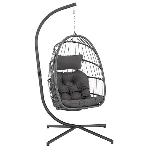 Yechen Indoor Outdoor Egg Hanging Chair with Stand, Patio Wicker Swing Egg Chair Indoor Swinging Chair Outdoor Hammock Egg Chair 350lbs Capacity for Patio Bedroom Balcony, Charcoal Grey (EG-001) - Charcoal Grey