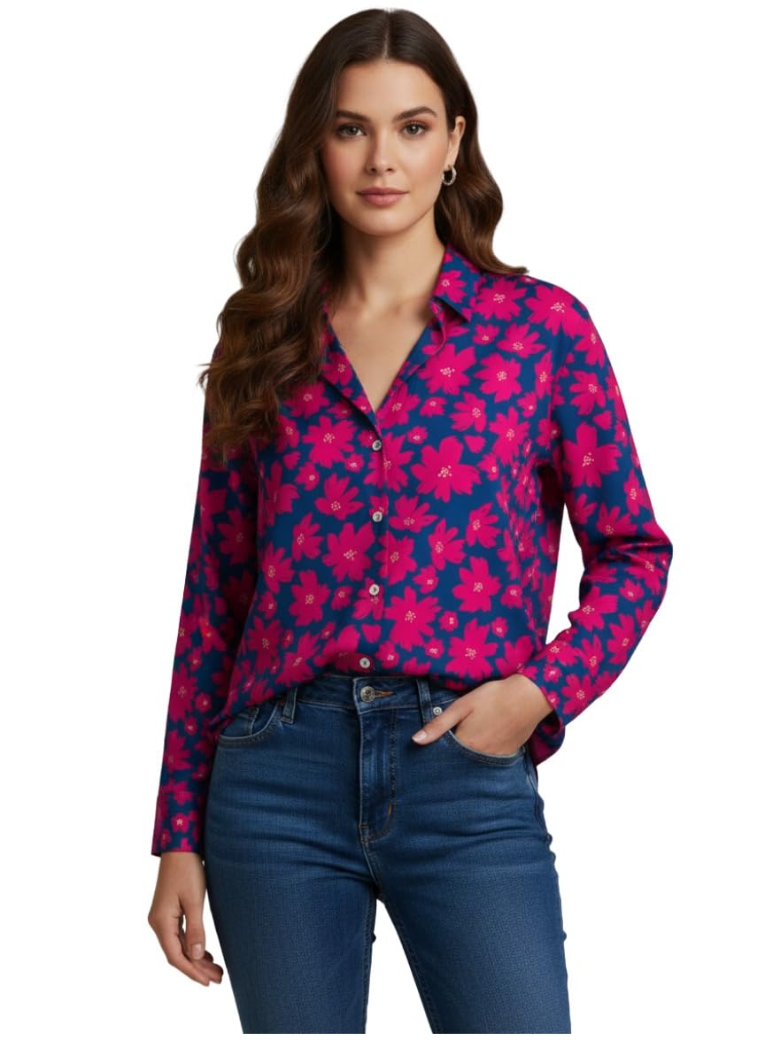 ANNI Designer Bedrucktes Damenhemd aus Baumwollmischgewebe, langärmelig, normale Passform, Hemdkragen, legere Bürokleidung, elegante Western-Kleidung für den Alltag, Hochzeit, Party