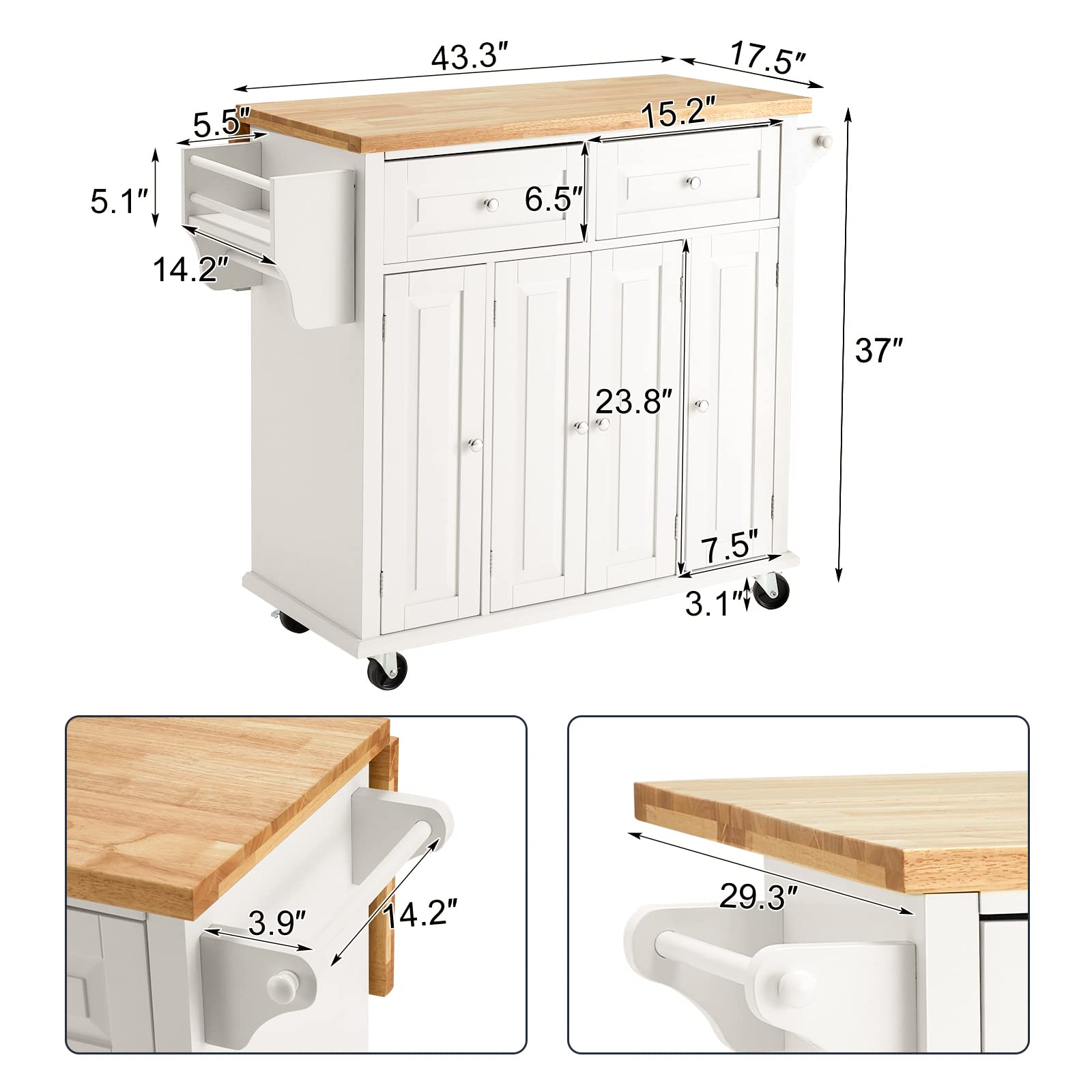 HOMHUM Rolling Kitchen Island Cart with Storage, Kitchen Cart with Drop