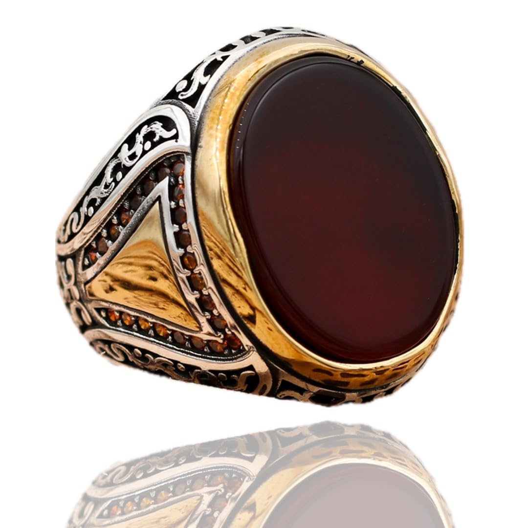 Silva SilverAgate Aqeeq Stone Ring, Men Ring With Stone, Turkish Ring, Red Agate Stone Ring, 925 Silver Ring For Men, Red Stone Ring For Men