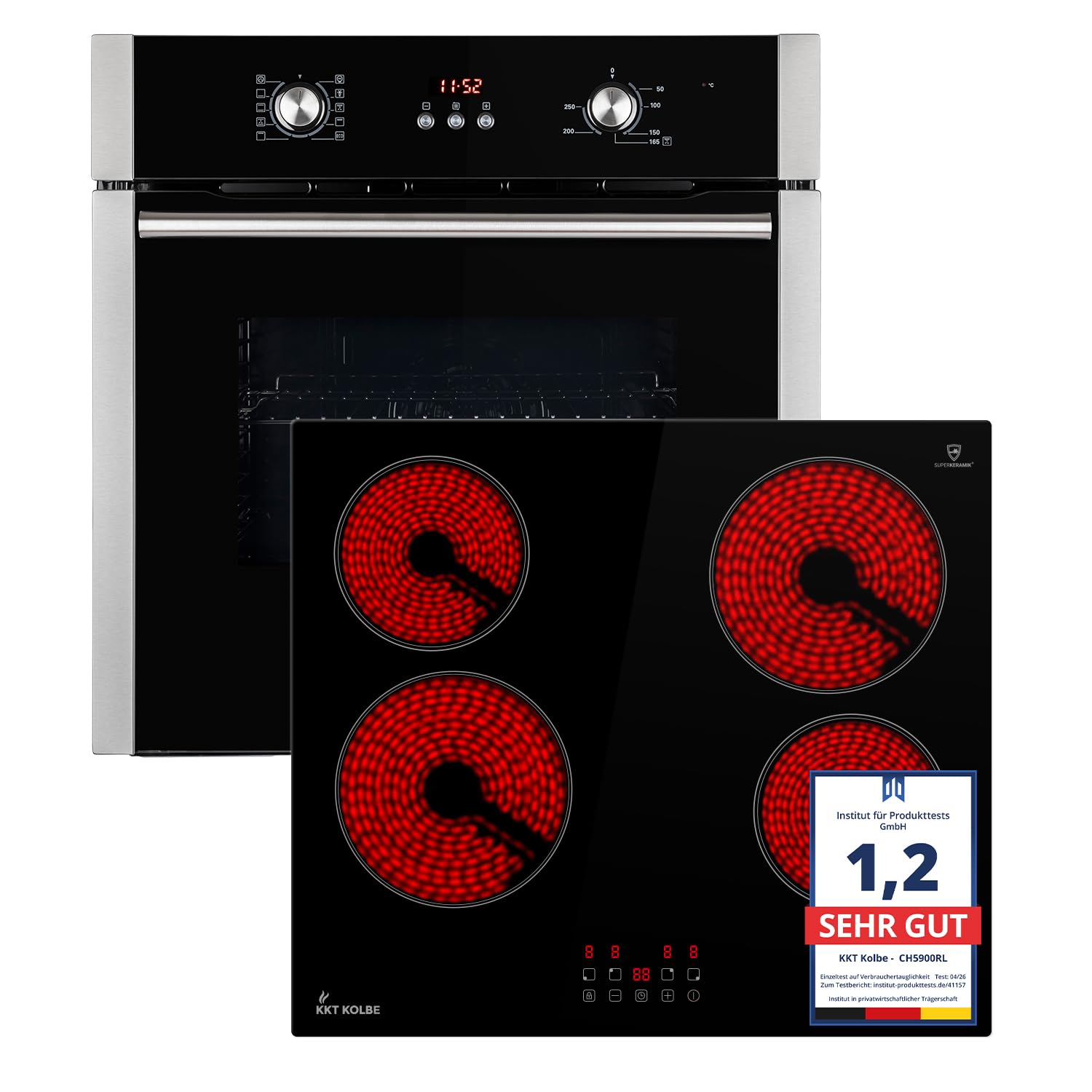 KKT KOLBE Set de cocina autosuficiente | 60 cm horno empotrado BO8805SS | 59 cm placa de cocción CH5900RL | parrilla | aire caliente | temporizador automático | cristal de protección térmica |