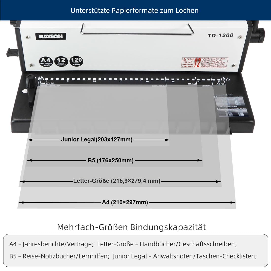 RAYSON Drahtbindemaschine, 34 Löcher, 120 Blatt Binden, TD-1200 | Robuste Metallkonstruktion, Kostenloses Bindematerial im Lieferumfang enthalten