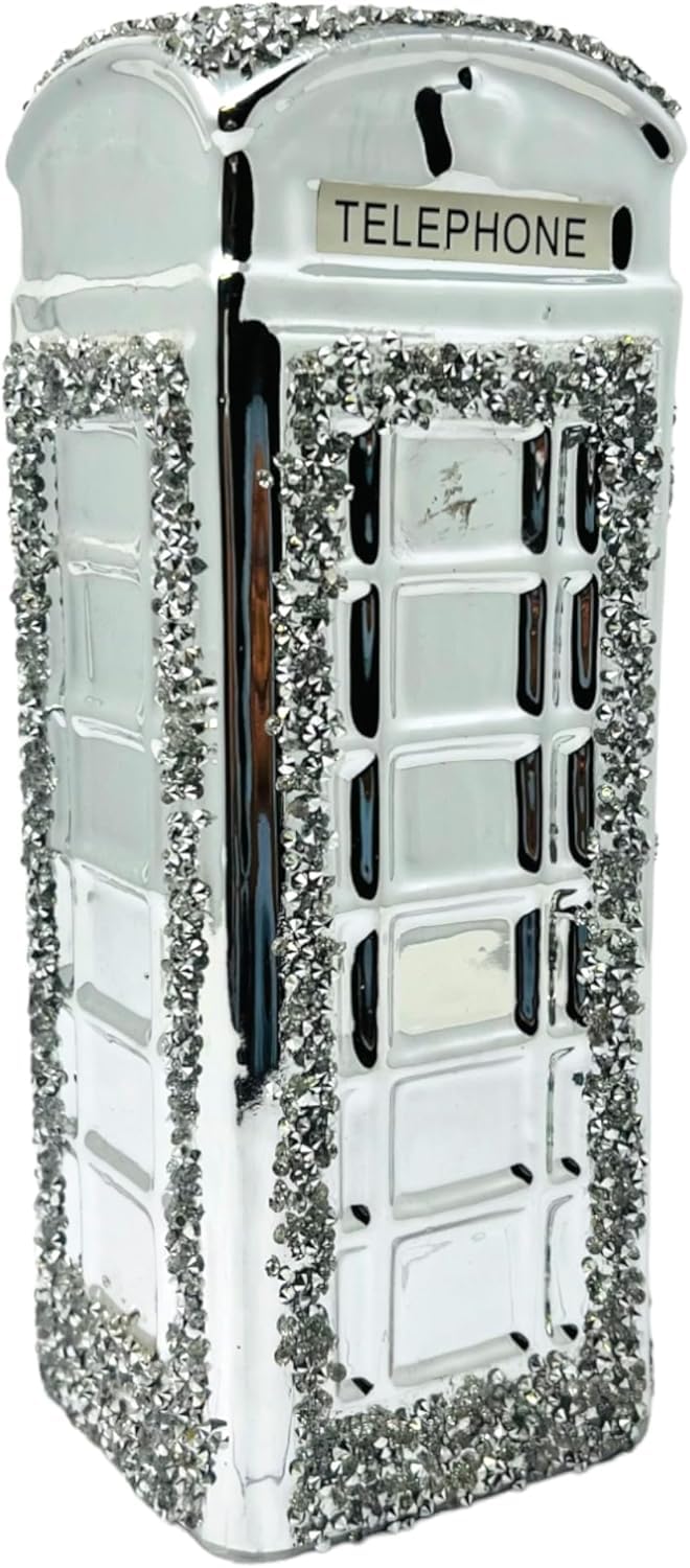 Aidni Sparkling Memories Ceramic Telephone Booth Ornament, Crushed Diamond Glitter, Vintage Retro Design, 25Cm