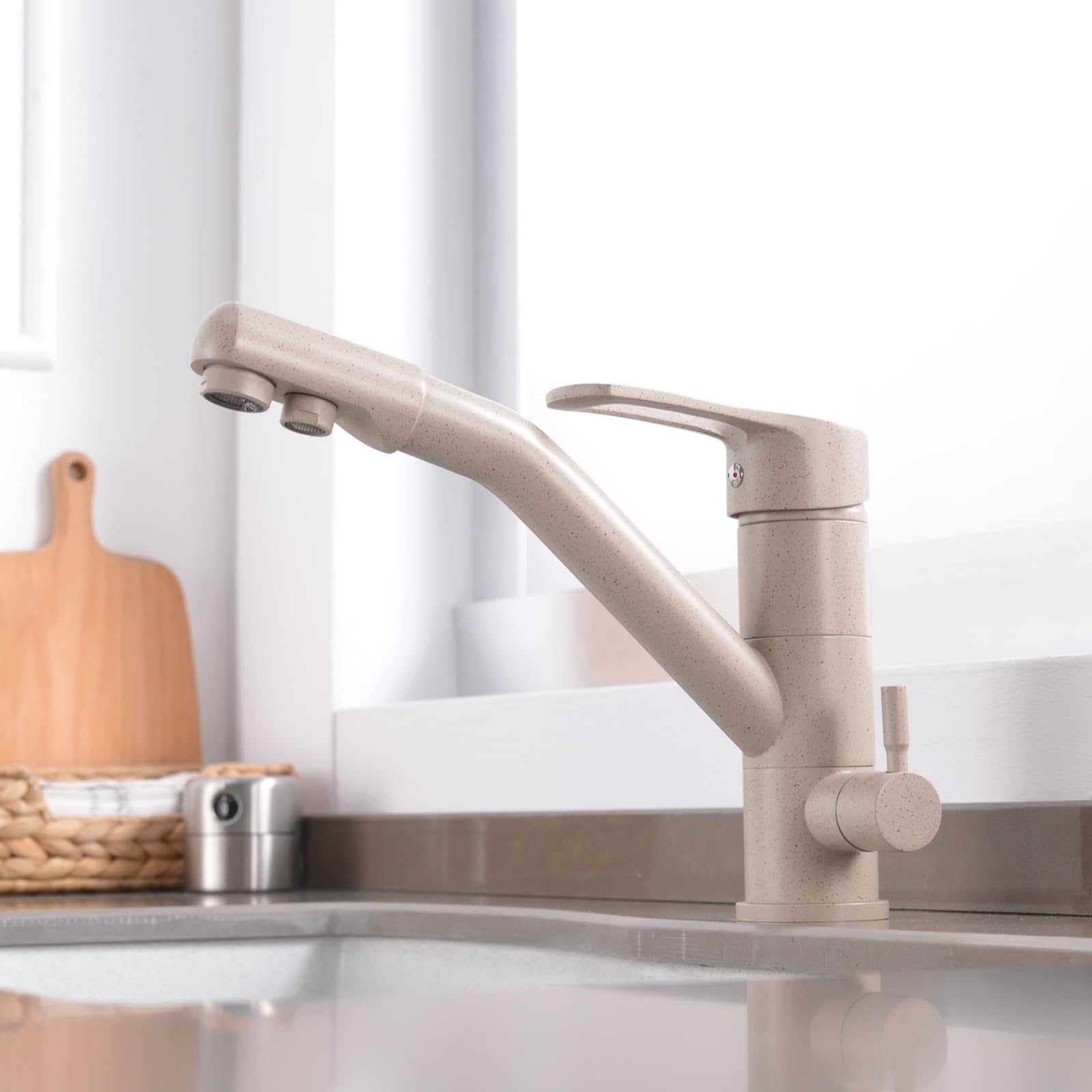Genérico Grifo de Cocina para Agua Potable Grifo de Filtro de 3 Vías Color Avena para Fregadero de Cocina Giro de 360° Triflujo con 2 Manijas