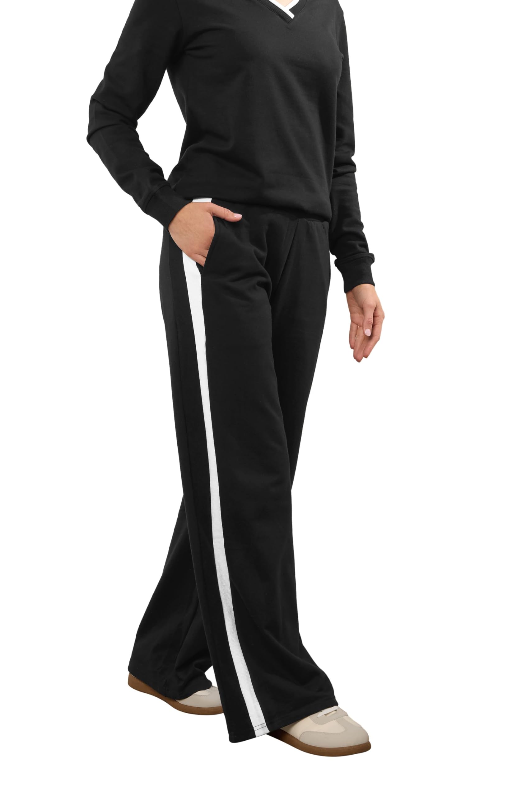 Long Tall Sally - LTS Tall Ribbed Striped Wide Leg Joggers - Women's Black