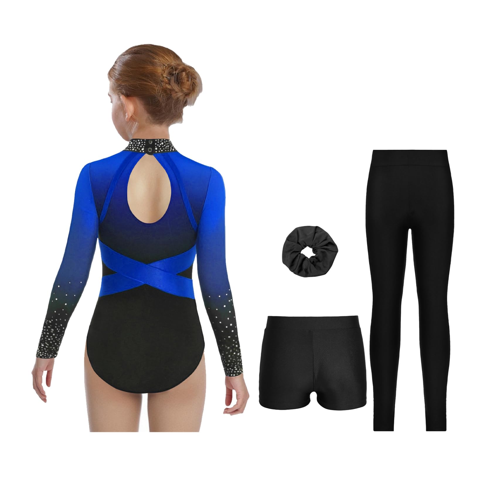 Mädchen Turnanzug Strass Körperanzug Langärmelig Leotard Mit Leggings Und Shorts Wettkampfanzug
