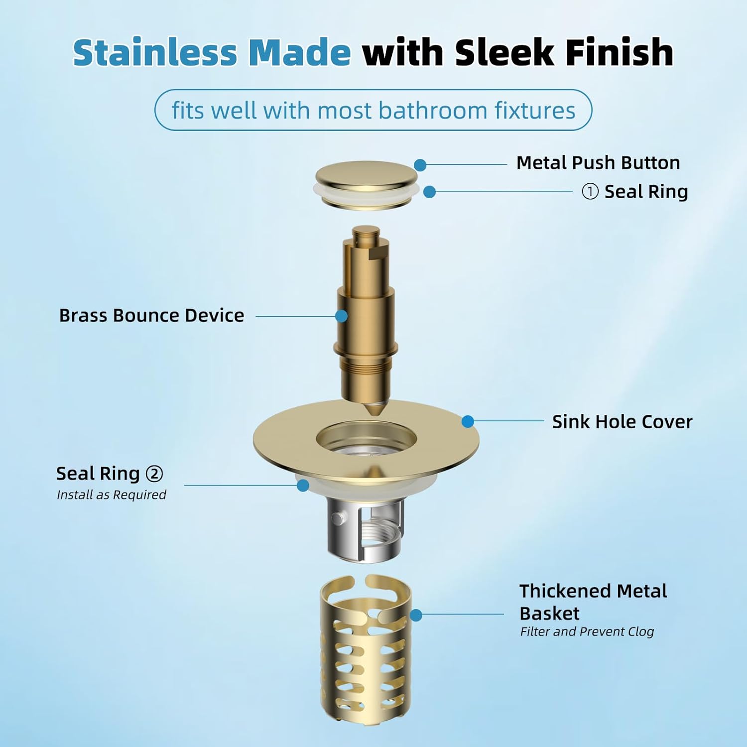 Upgraded Bathroom Sink Drain Strainer Hair Catcher 2PCS Universal 3 in 1 Pop-up Sink Stopper, Fit for 1.1''~2.36'' Basin Hole, with Detachable Stainless Steel Filter Basket, Brushed Gold