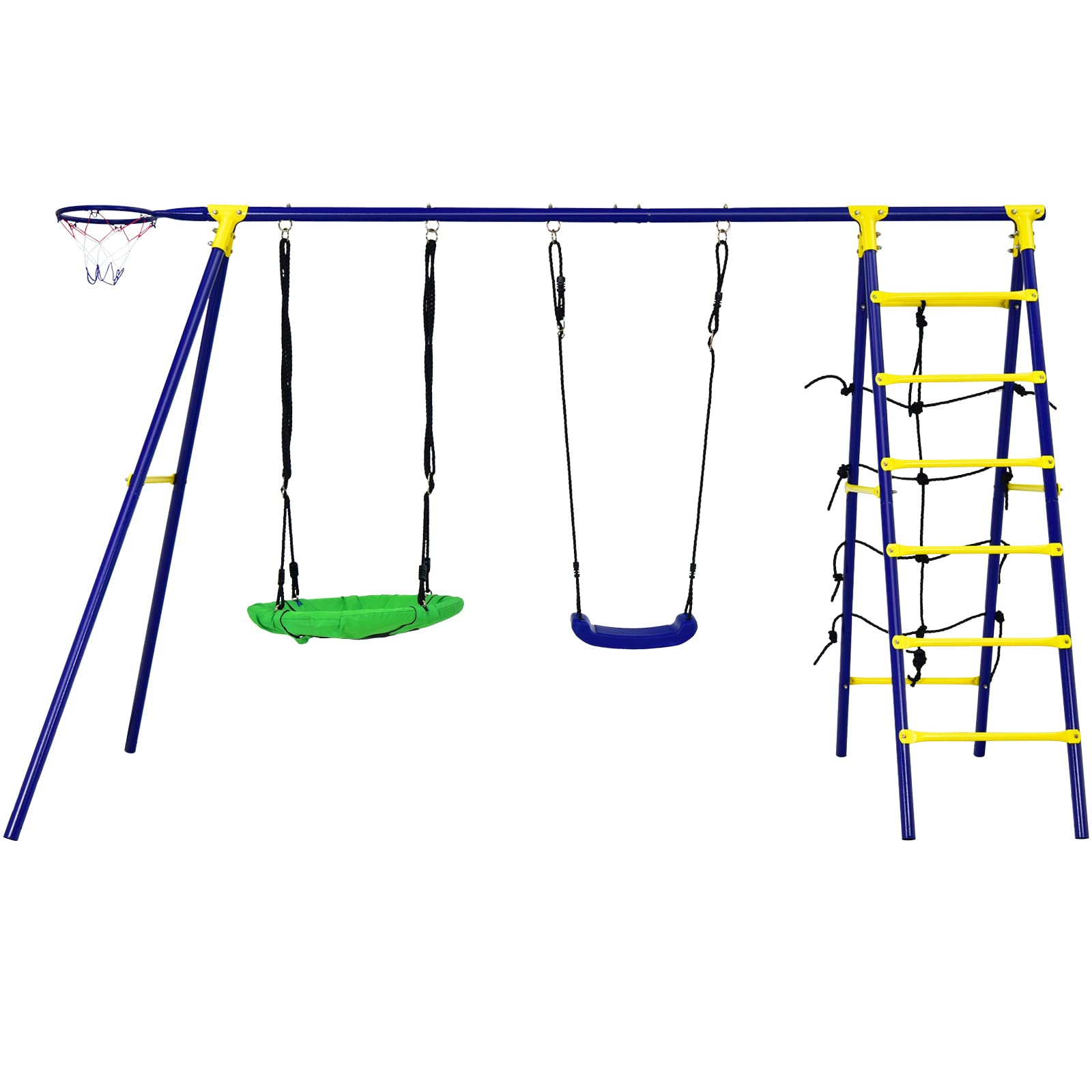 KOMFOTTEU Juego Columpio 5 en 1 para Niños, Estructura de Juego con 2 Columpios, Escalera, Red de Escalada y Aro de Baloncesto, Columpio Infantil Jardín con Estructura Metal, 294 x 138 x 176 cm