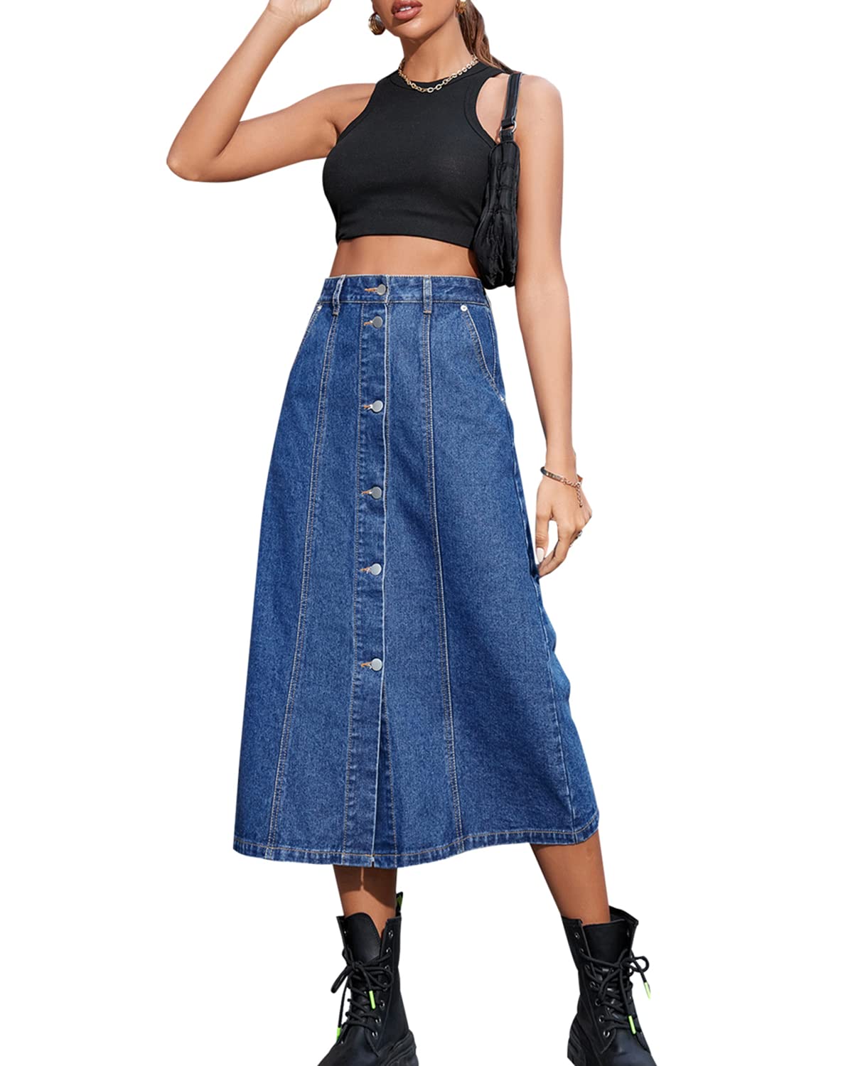 Photo 1 of NIGHTMISS Womens High Waisted Washed Button Front Denim Long Skirt Midi Length A Line Denim Jean Pencil Skirt(BE185-S)
