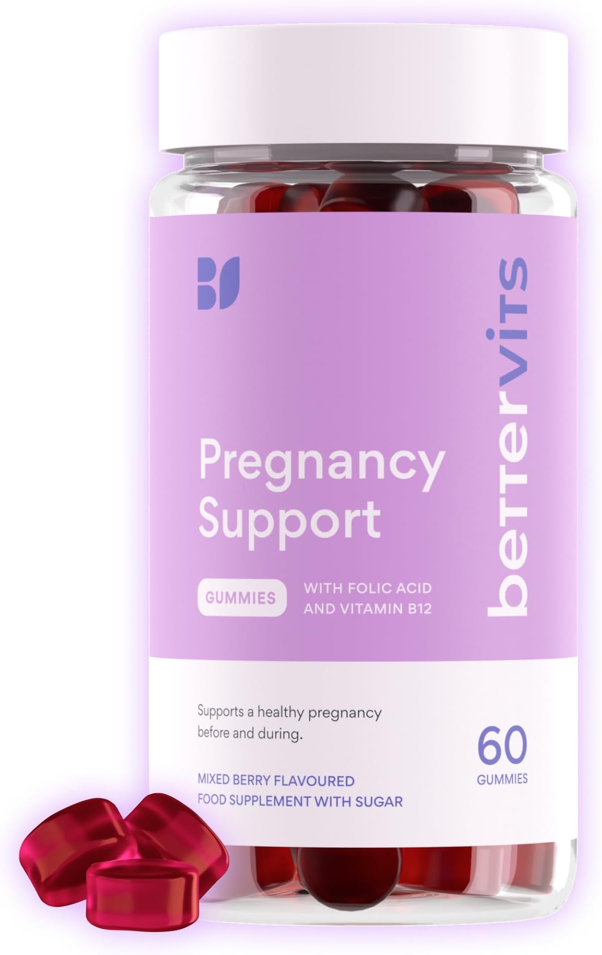 Pregnancy Support Gummies | Pregnancy Vitamins for Women with Folic Acid & Vitamin B12 | Complete Multivitamins Complex C, D, E & Zinc | Pre and After Support - 60 Berry Gummies