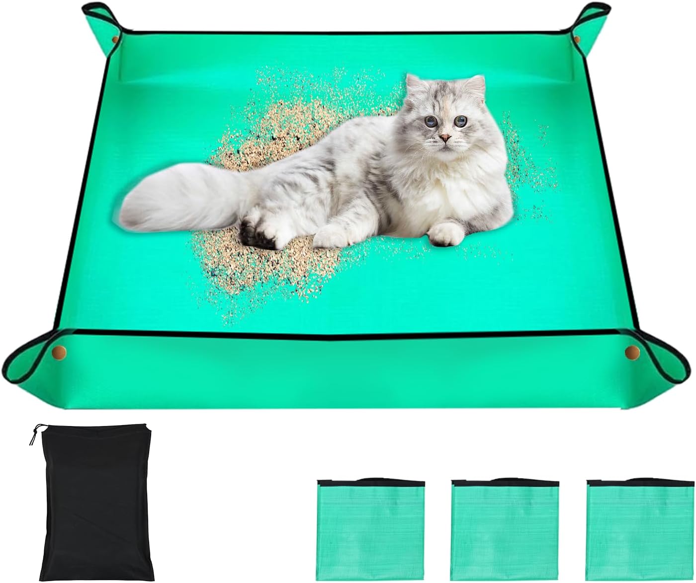 3 Pack Green Travel Litter Box for Cats,Portable Foldable Waterproof Collapsible Cat Litter Box,Ideal for Travel,Hotel,Camping&Outdoor Activities,Large Size 21.7×21.7×3.2 Inch, Mess-Free,Gardening Mat
