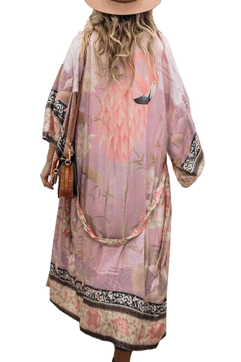 LikeJump Mujer Vestido de Playa Floral Kimono para Bañador Pareos Camisa Larga de Verano Cover Ups