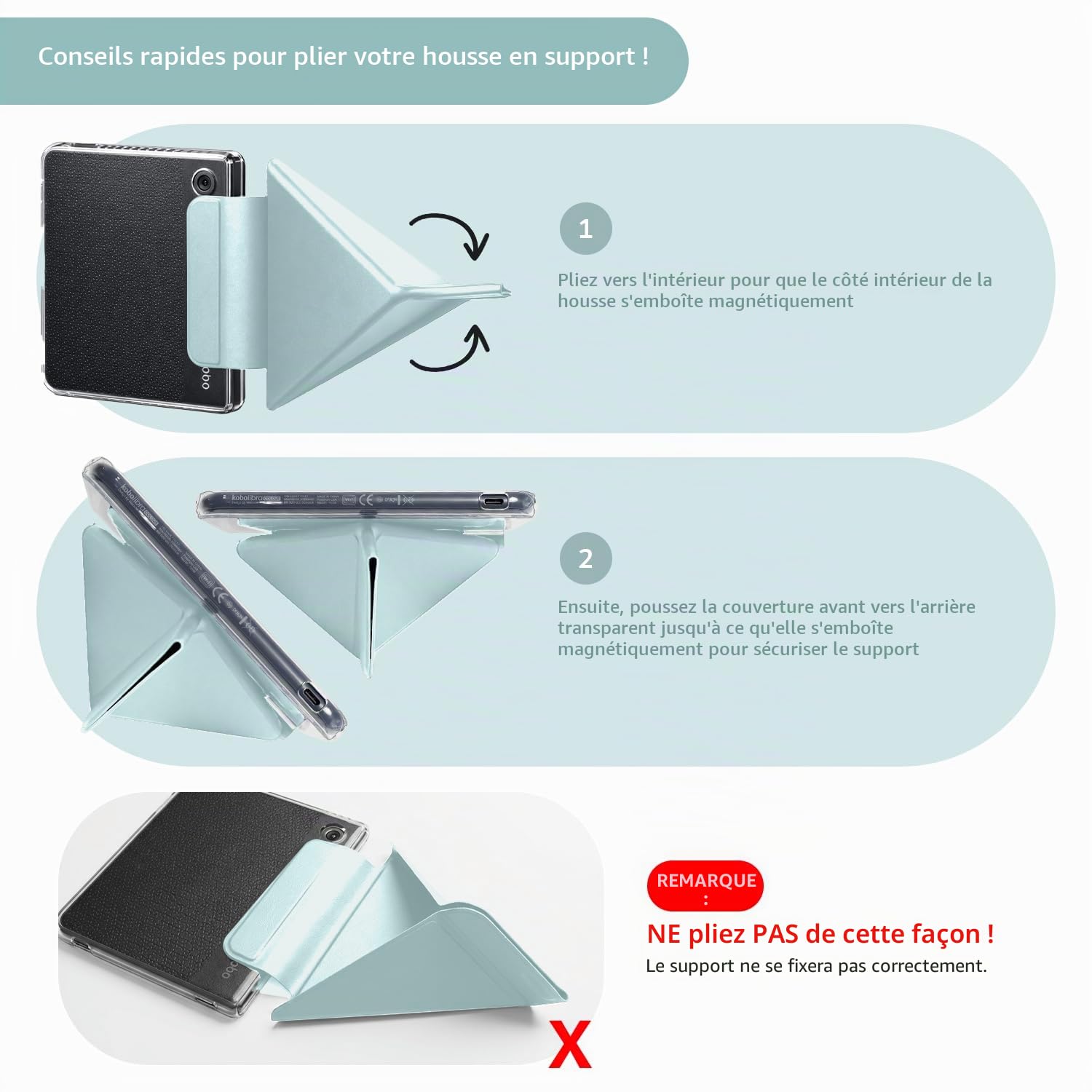 TUDIA M-Flip Coque Magnétique Transparente Amovible Compatible avec Kobo Libra Colour (2024) [Veille/Réveil Automatique] Étui Arrière Transparent Pliable avec Porte-Stylet (Bleu Layette)