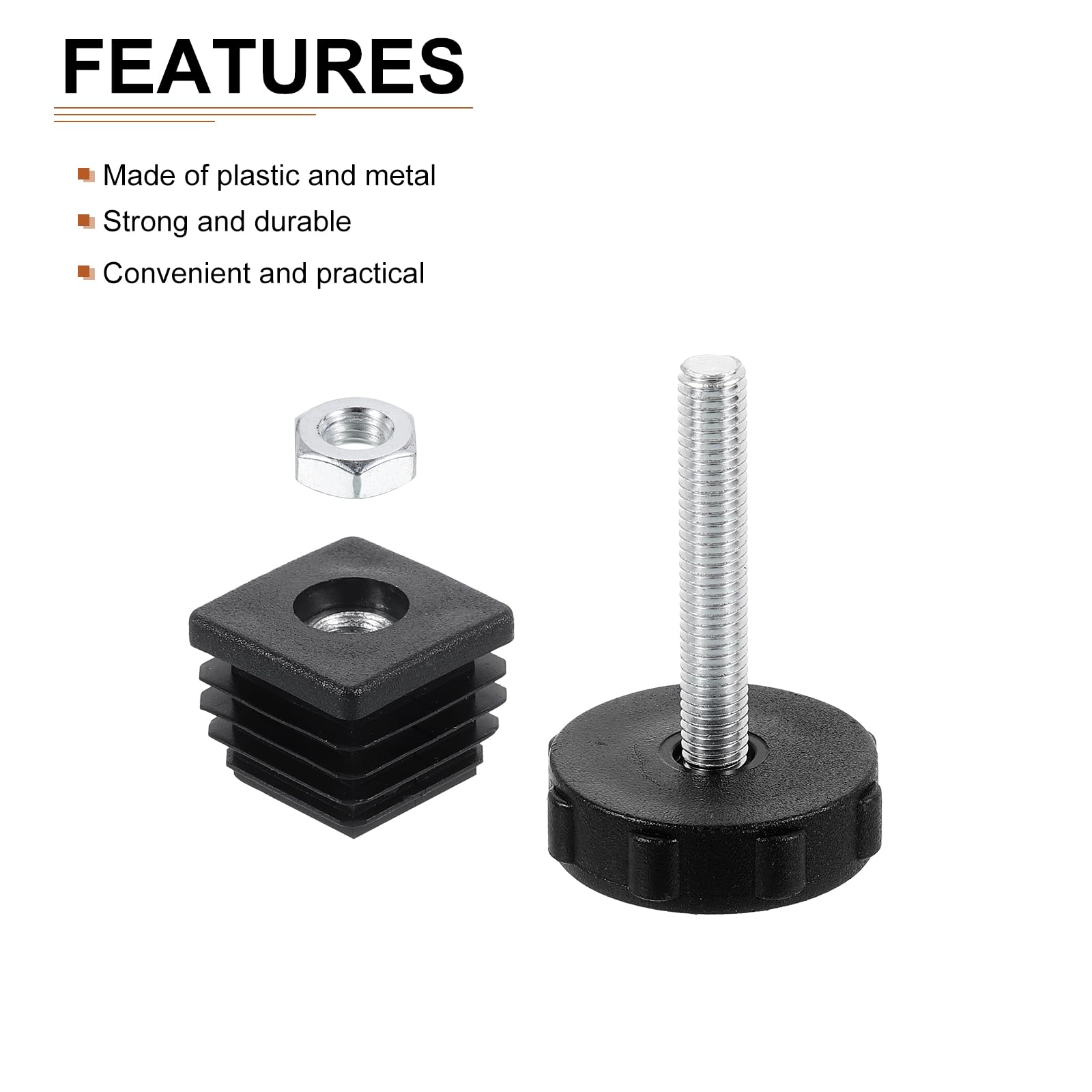 DTGN 20x20mm(LxW) Adjustable Leveling Feet - 8Set - Good for Furniture - Square Insert Kit Furniture Glide - Black - Image 3