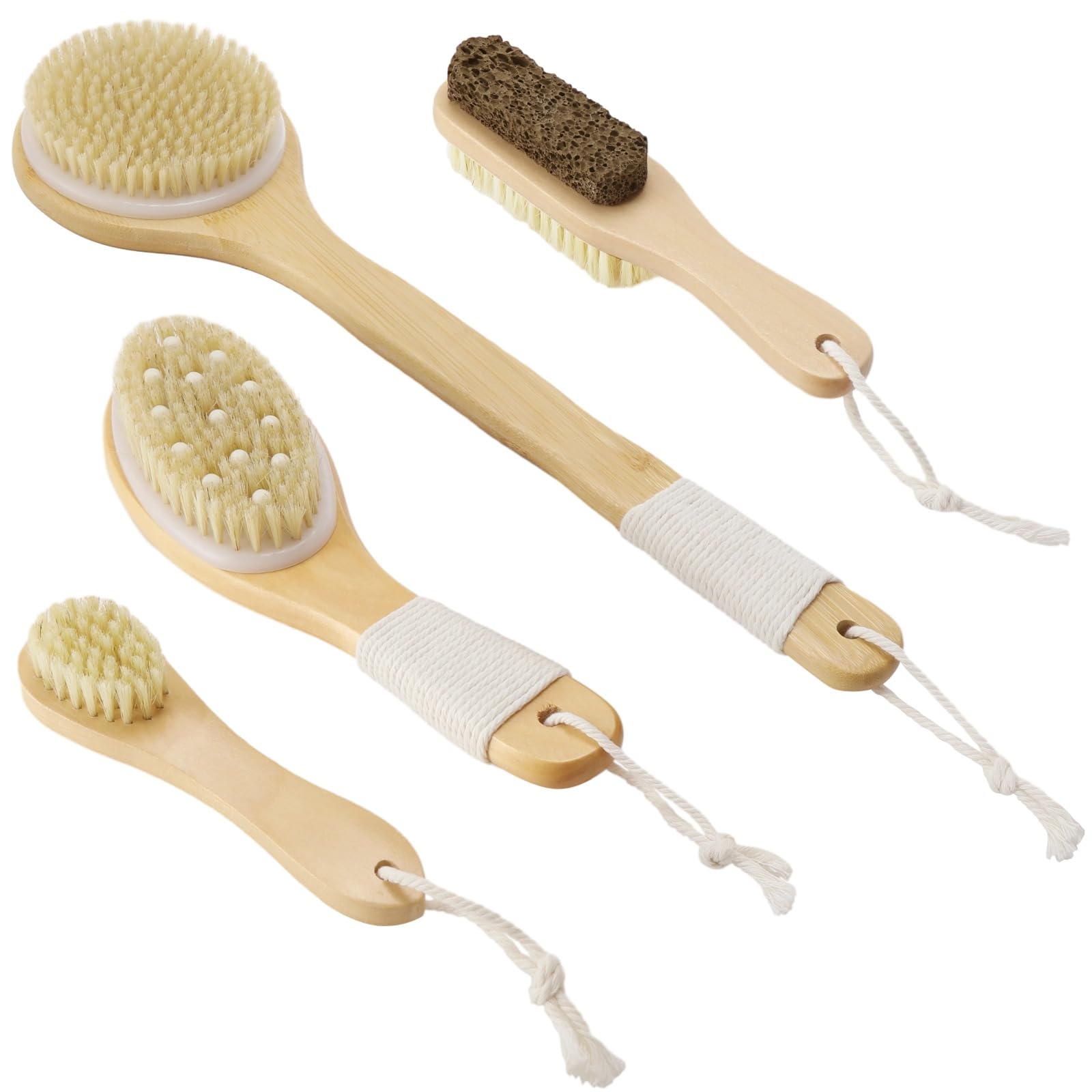 4er-Set Trockenbürsten, Körperbürsten mit Wildschweinborsten und Griffen, Bade- und Duschwerkzeug zum Peeling für Gesicht, Rücken, Füße und Körperpflege, für trockene oder nasse Anwendung