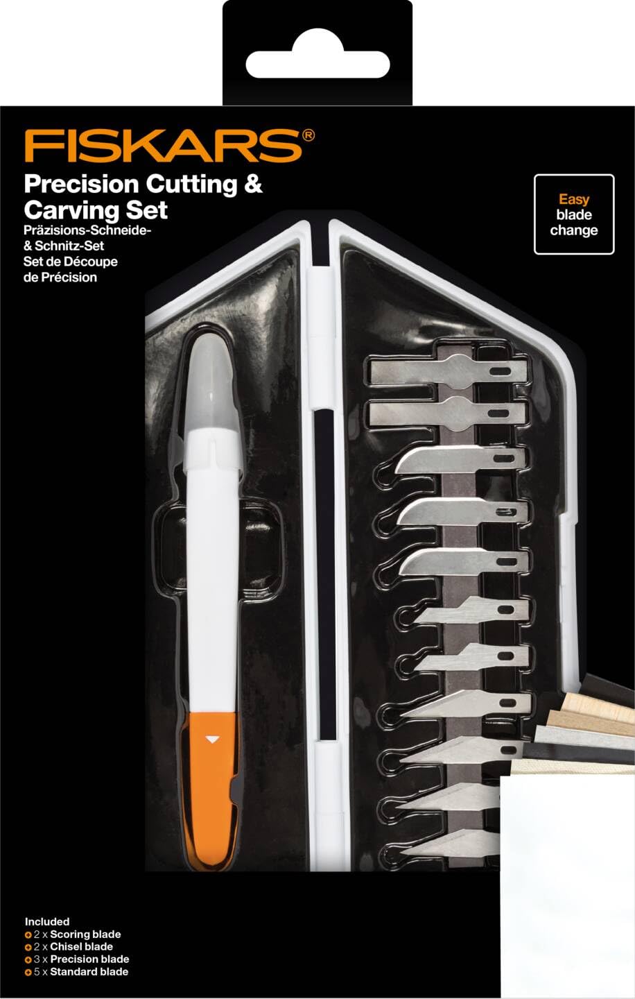 Fiskars Taglierino di precisione a bisturi, Set da 13 pezzi, Lunghezza totale: 21 cm, Incl. 12 lame, Acciaio di qualità/Plastica, Bianco/Arancione, Premium, 1024384